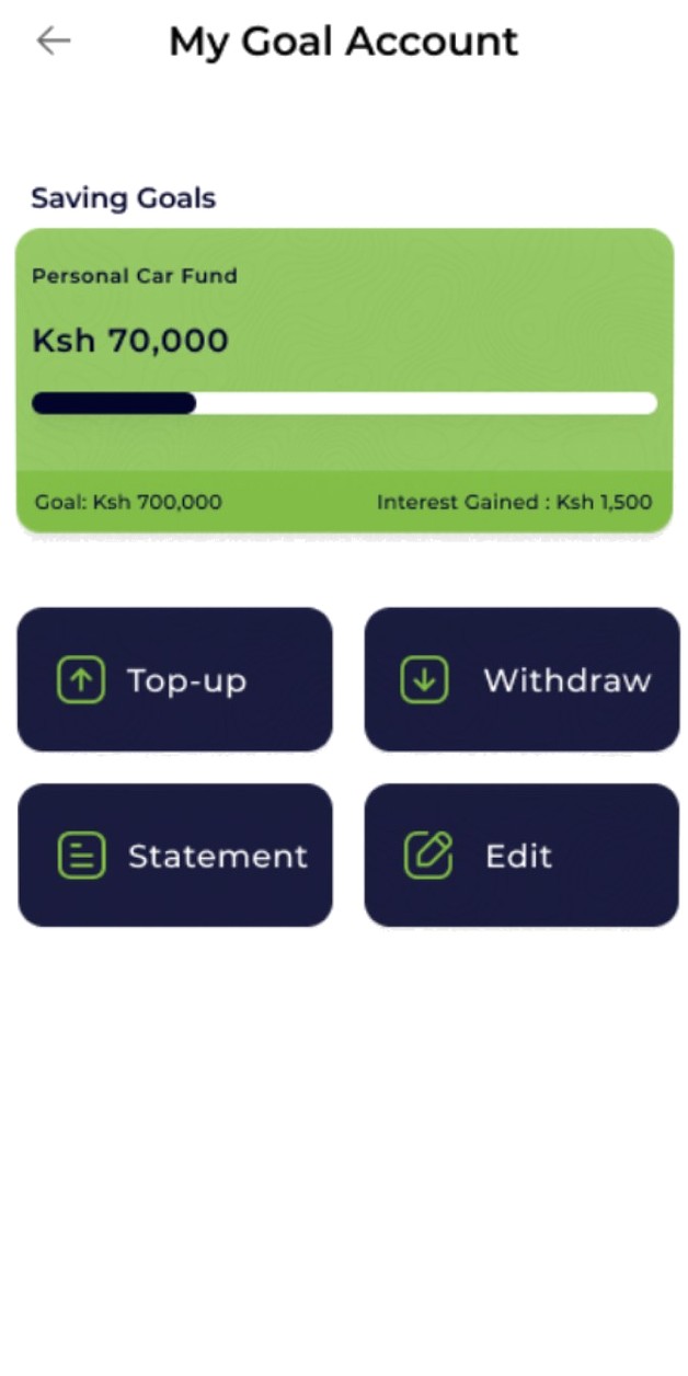 KCB Goal Account: My Goal Account dashboard with a savings goal card and Top-up, Withdraw, Statement and Edit actions